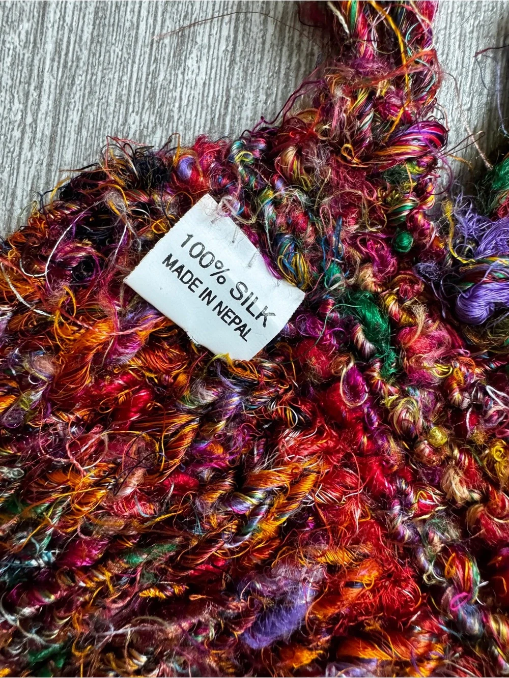 100% Silk Nepal Vintage Hand Dyed Knit Scarf Shimmery Yarn Multi Texture 68”